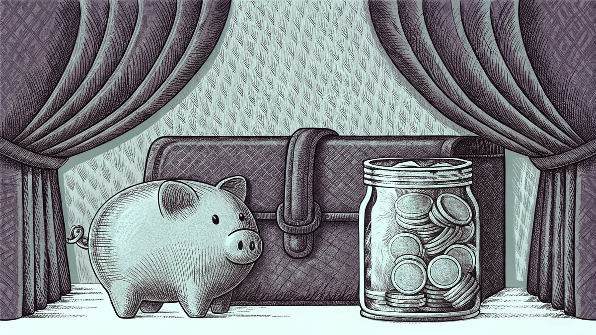 A piggy bank stands beside a stack of plain envelopes and a glass jar filled with coins.