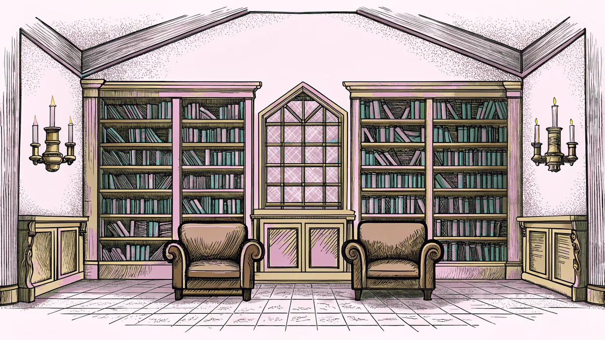 Wooden stakes and leather furniture fill a Gothic library lit by candlelight.