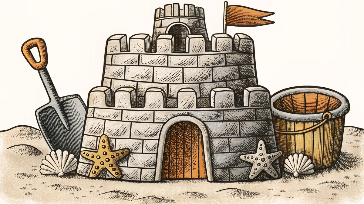 A detailed sandcastle complete with towers, a moat, and scattered seashells.