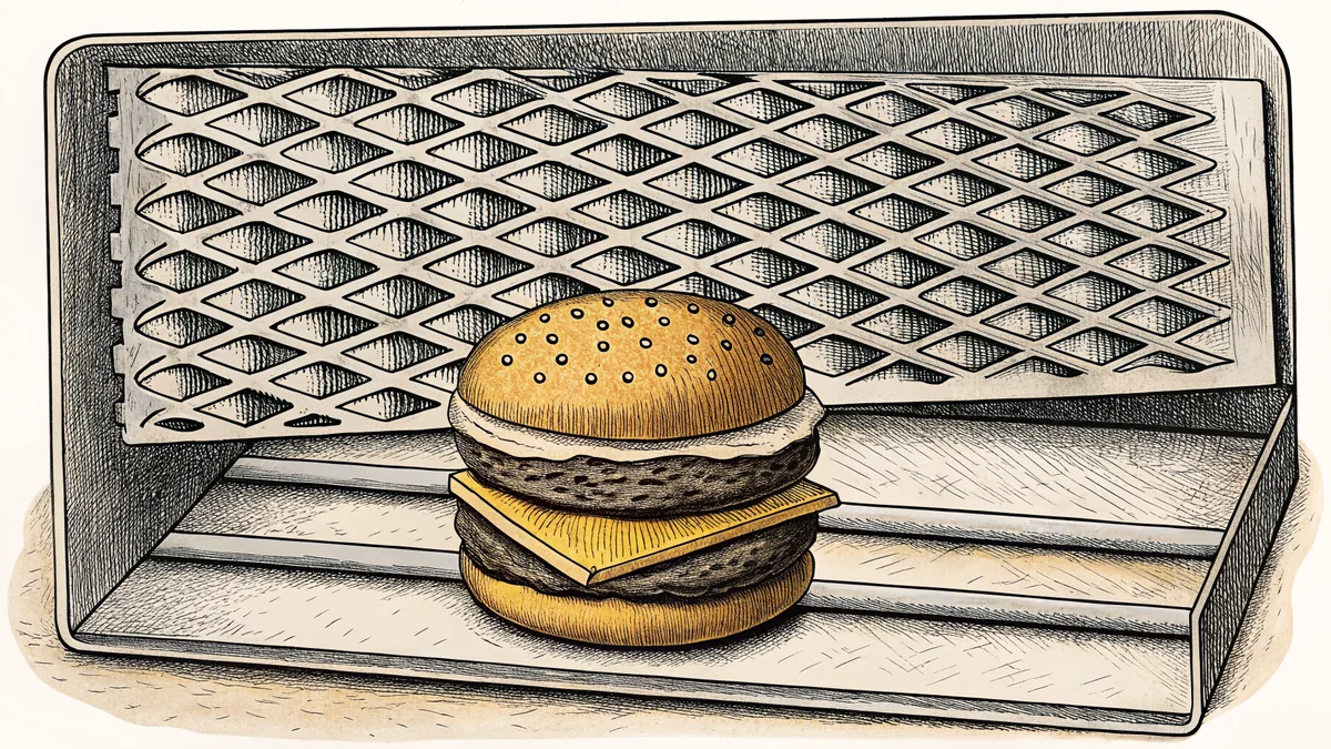 A stacked burger patty on a sesame bun with melted cheddar and pickles, beside a sizzling grill.