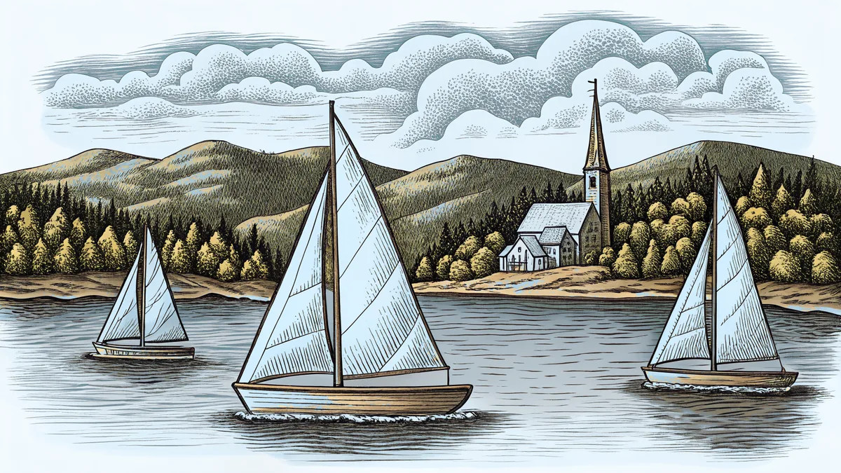 A New England lakeside town with historic churches and forested mountains.