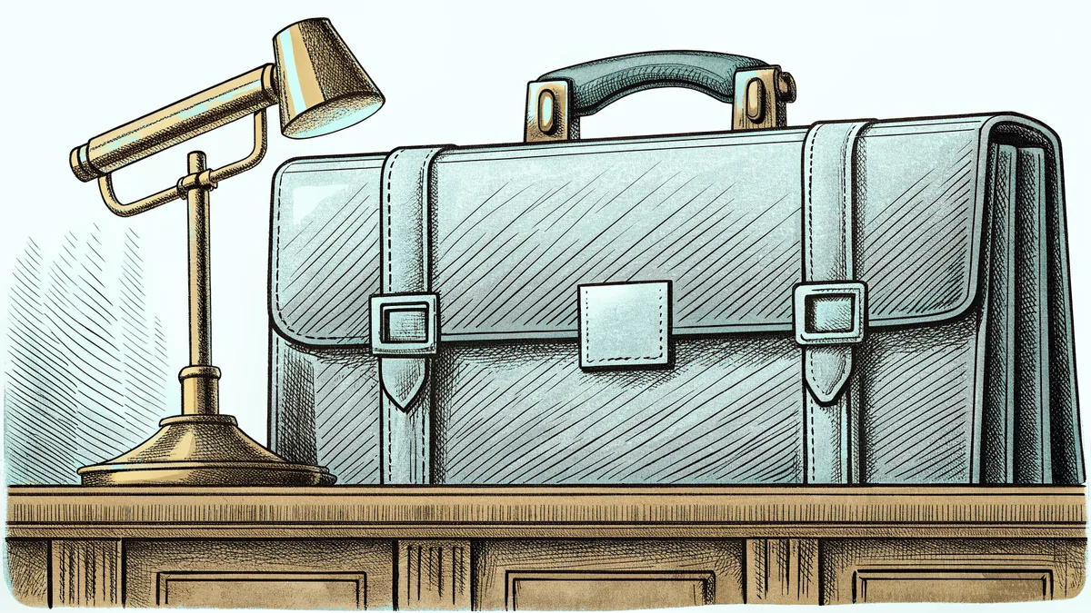 A closed leather briefcase beside a brass desk lamp on a wooden desk.