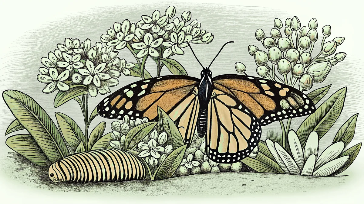 A monarch butterfly and caterpillar rest among blooming garden flowers and native milkweed plants.