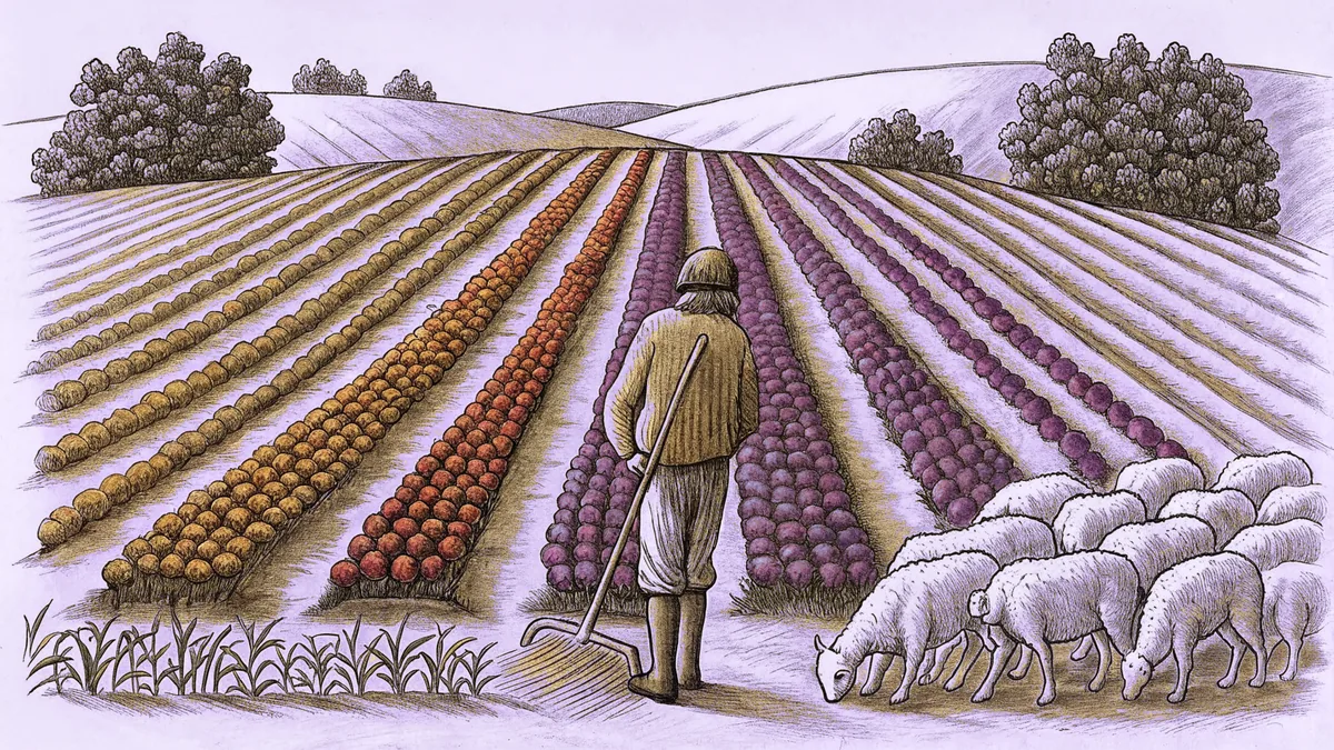 A shepherd with sheep near a farmer plowing fields in pastoral landscape