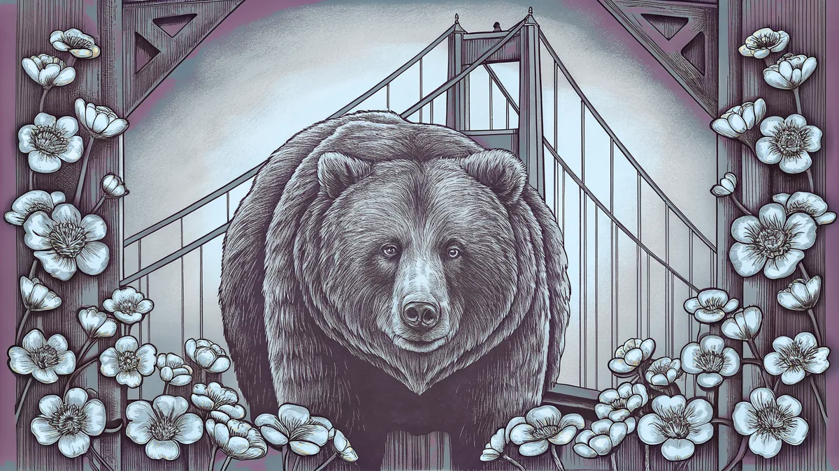The Golden Gate Bridge with a grizzly bear and California's golden wildflowers.