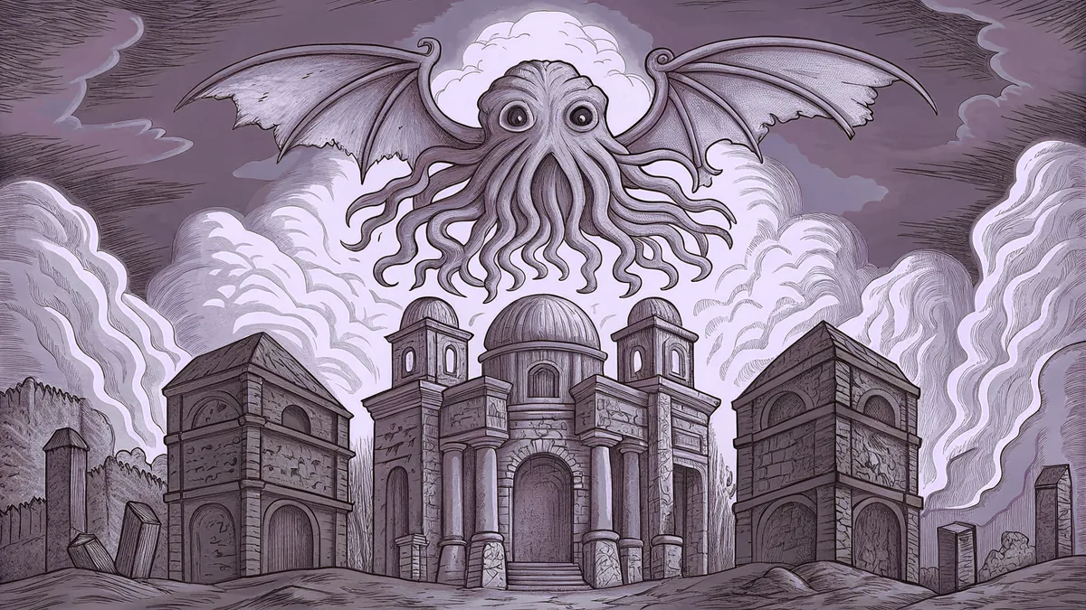 A tentacled creature towers above ancient crumbling stone ruins.