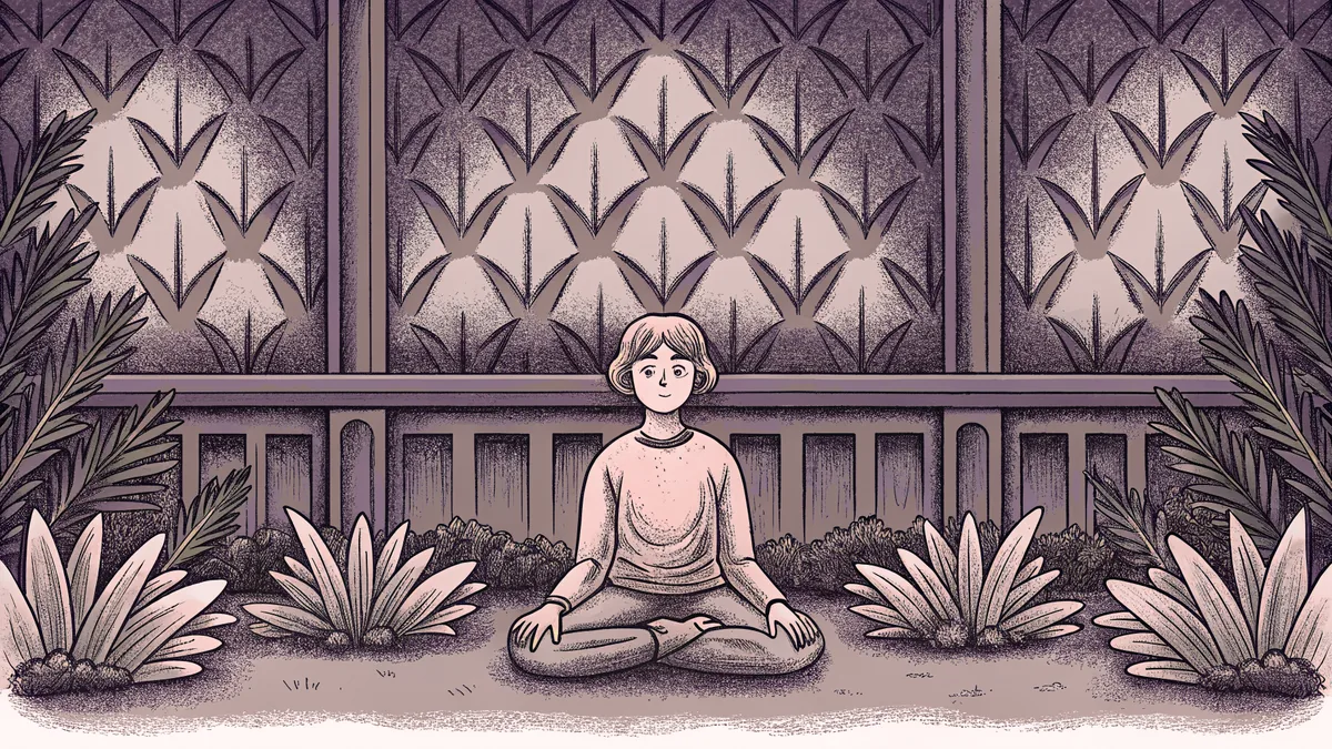 In a peaceful garden sits a person in quiet calm and stillness