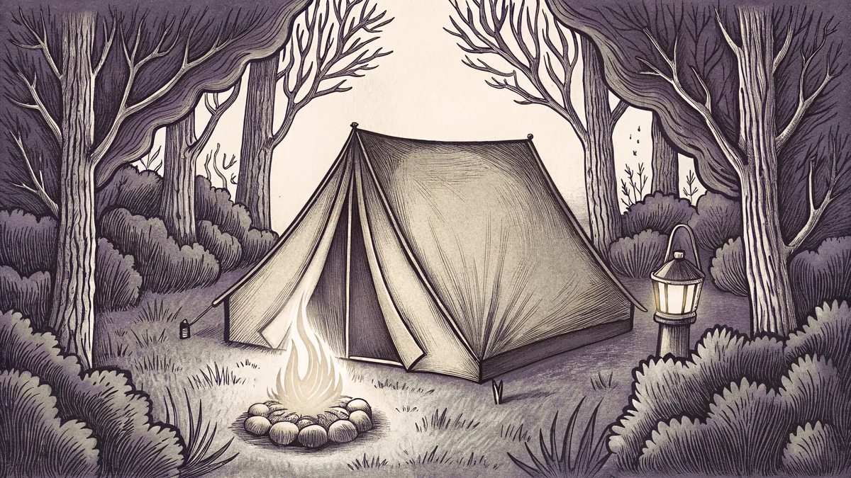 Glowing with embers beside a lantern, a tent and campfire light the night