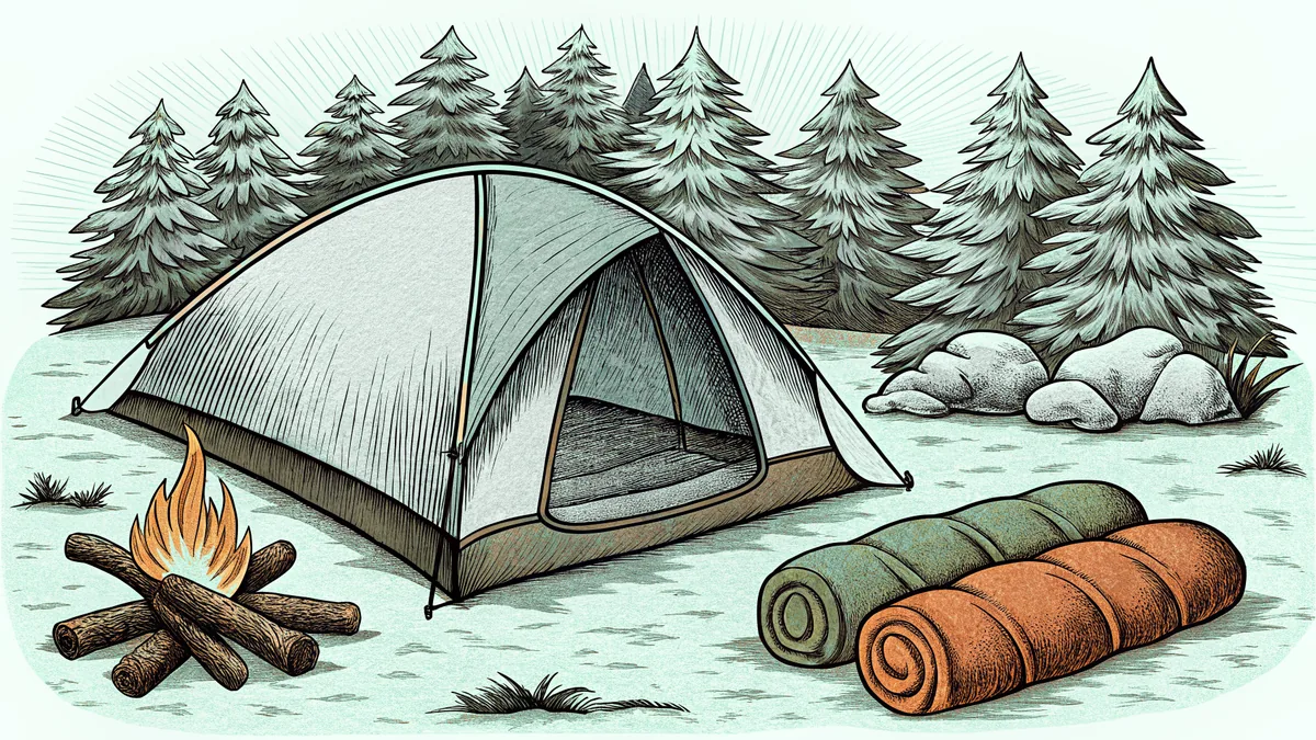 A woodland camping scene with pitched tent, fire pit, and camping equipment.