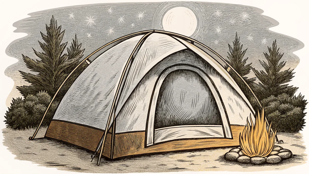 A camping tent glows beside a flickering fire beneath a canopy of stars.