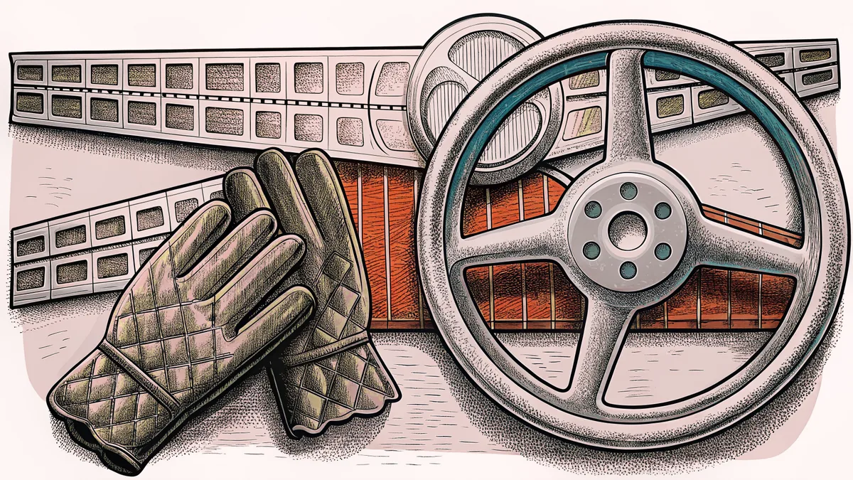 A pair of quilted driving gloves rests against a polished alloy wheel beside a chrome trim strip.