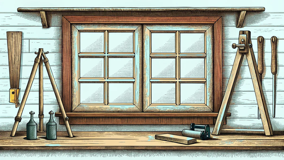 Workbench and tools with surveying equipment and glass panes.
