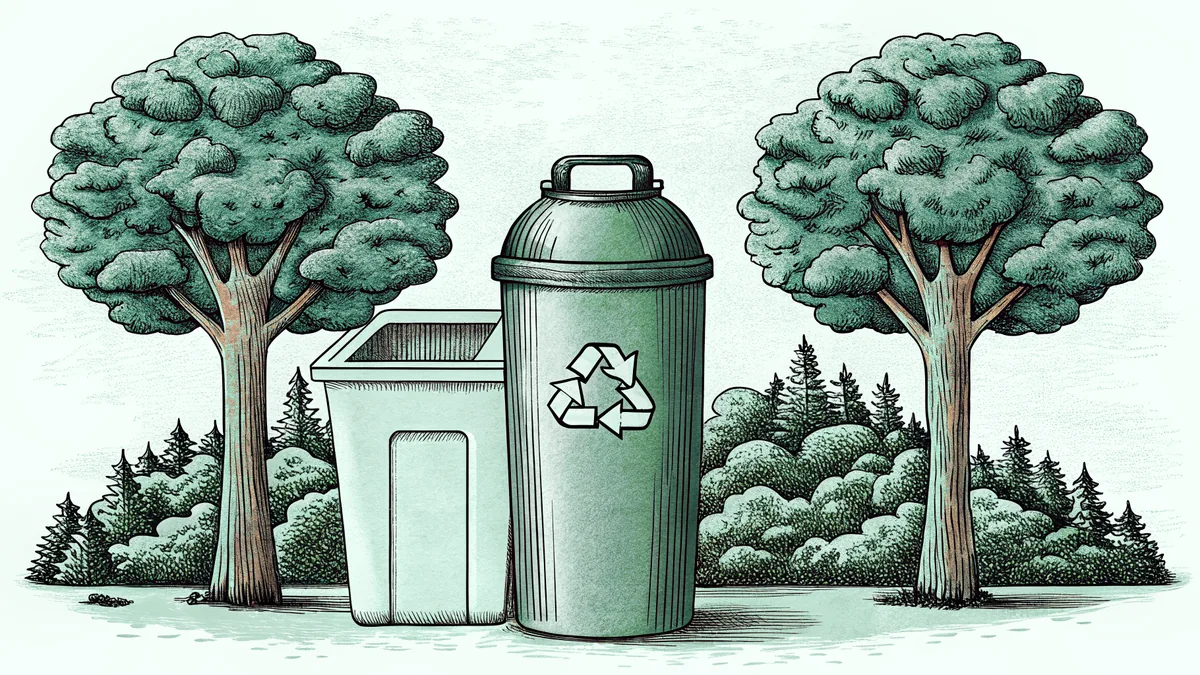 A reusable water bottle sits beside a recycling bin in a lush green forest.