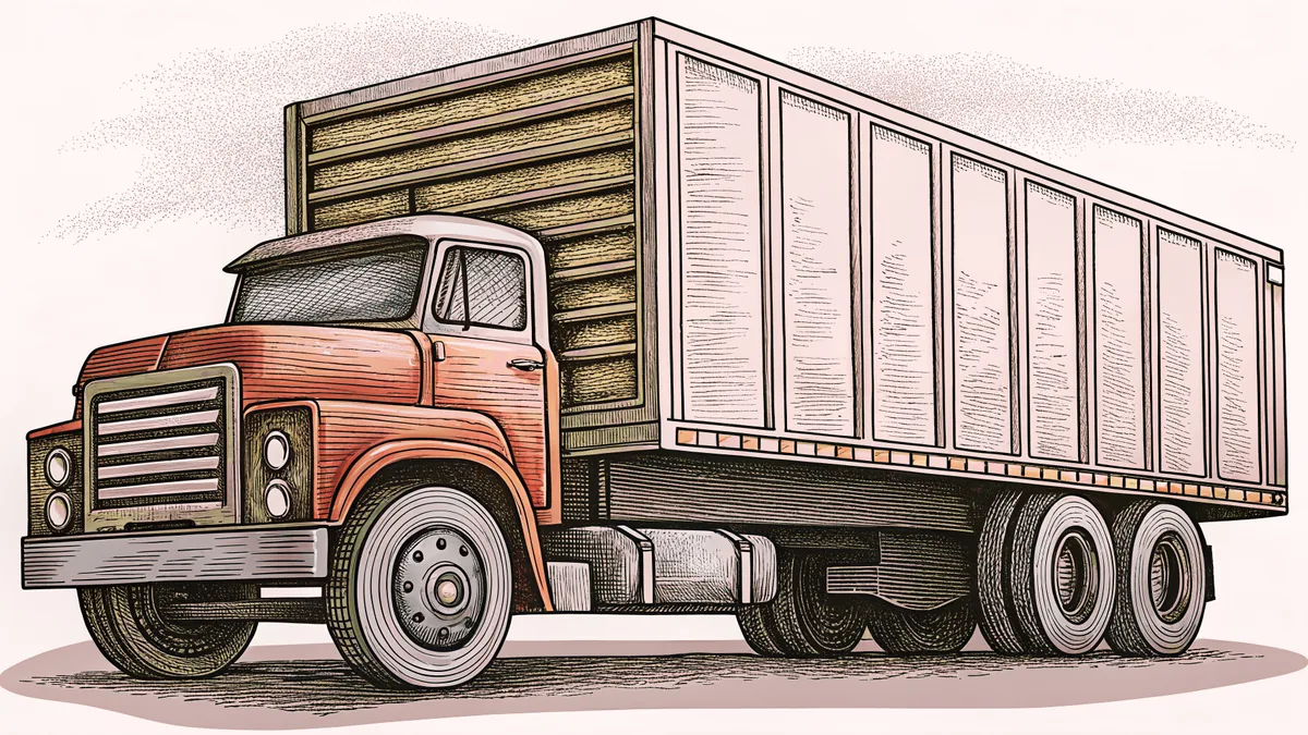 A cargo truck with open hood revealing engine and wheels.