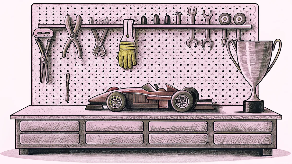 A gleaming model race car sits before a mechanic's tool rack and polished trophy on a workshop shelf.