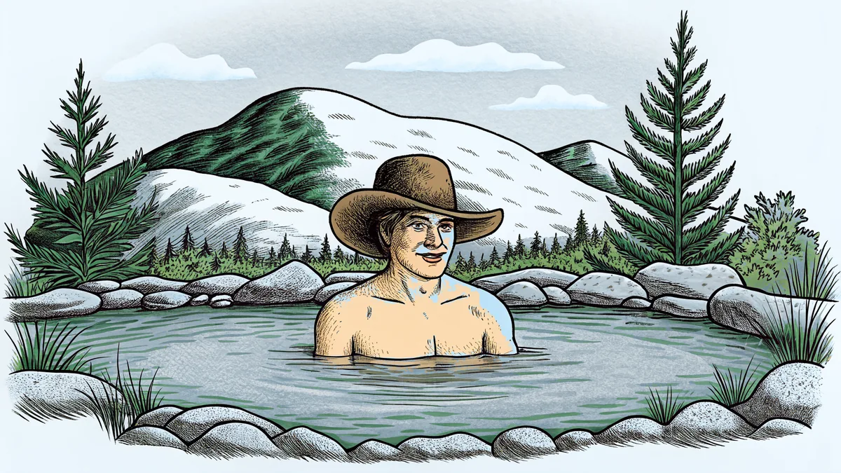 A cowboy soaks in hot springs with Lake Tahoe mountains visible beyond.