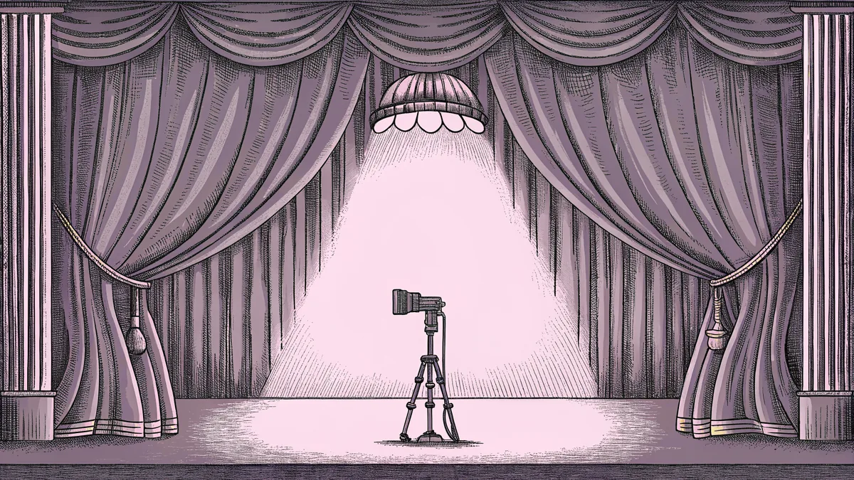 A studio camera and boom microphone stand near an on-air lamp on a soundstage.