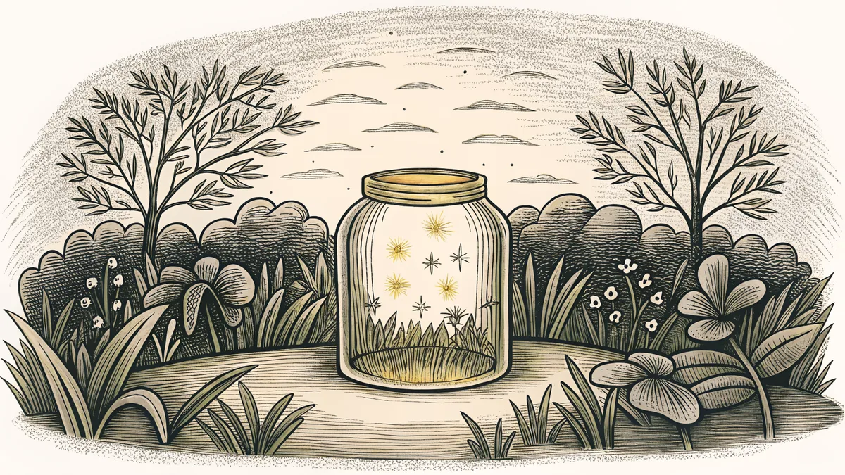 Glowing fireflies drift inside an open jar on a warm summer evening.
