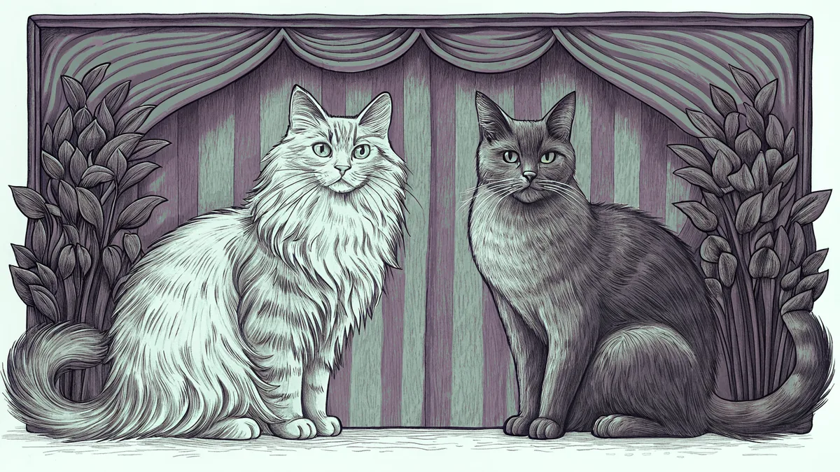 A large Maine Coon cat beside a graceful Siamese feline.