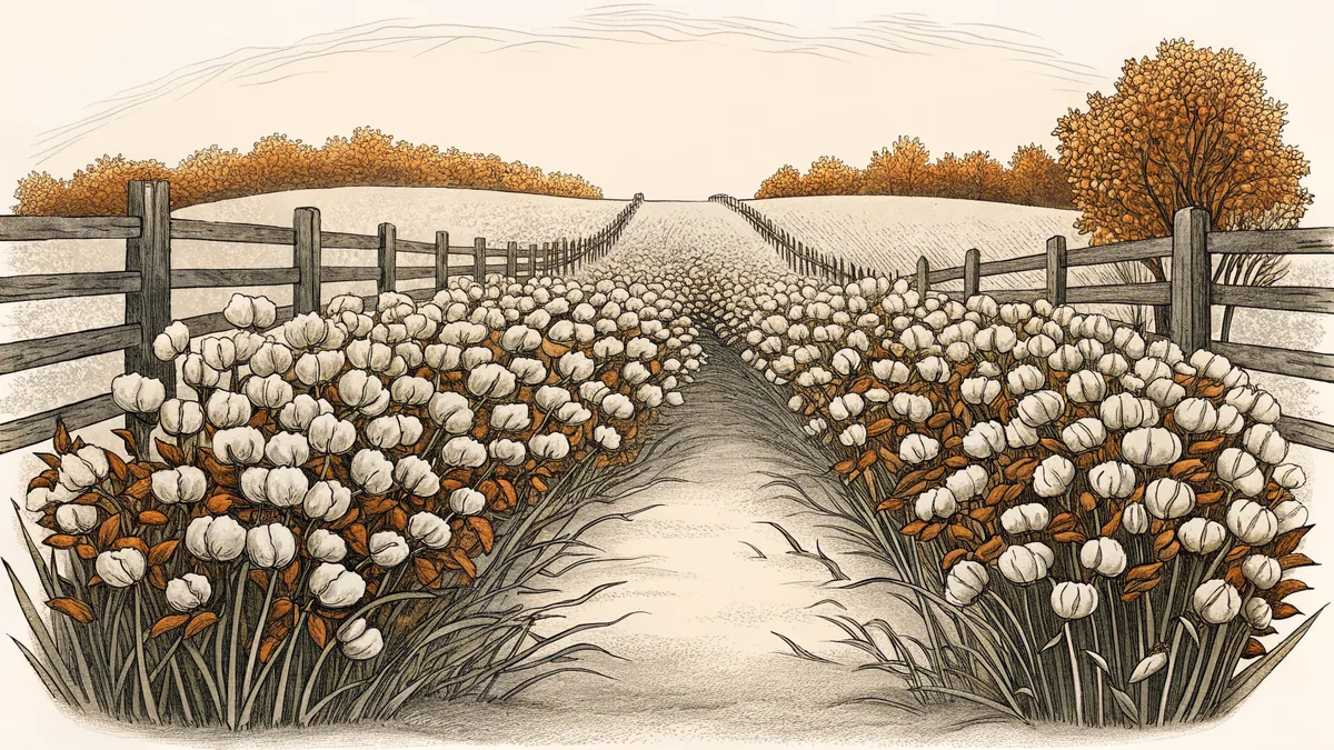 A cotton field bordered by a wooden fence stretches toward a distant rail line.