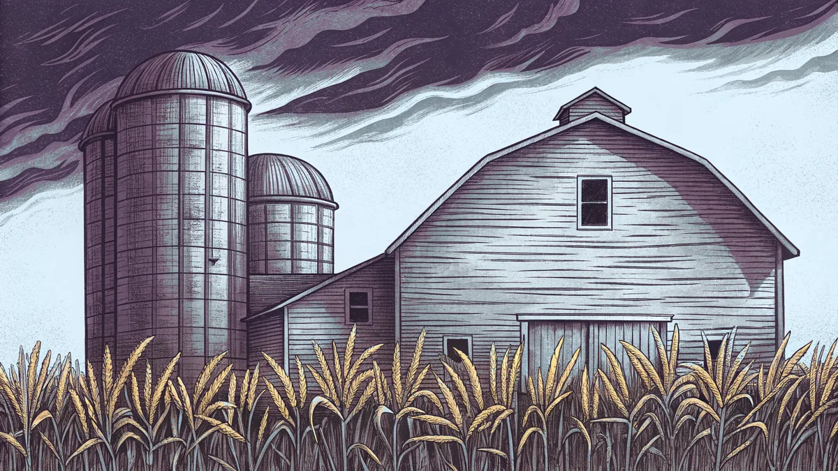 Corn fields stretch toward a grain elevator representing Iowa's agricultural heartland.