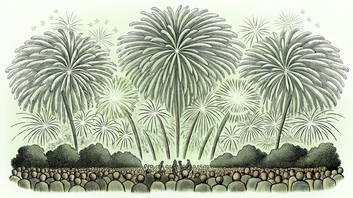 Brilliant fireworks burst above a cheering crowd on Independence evening.