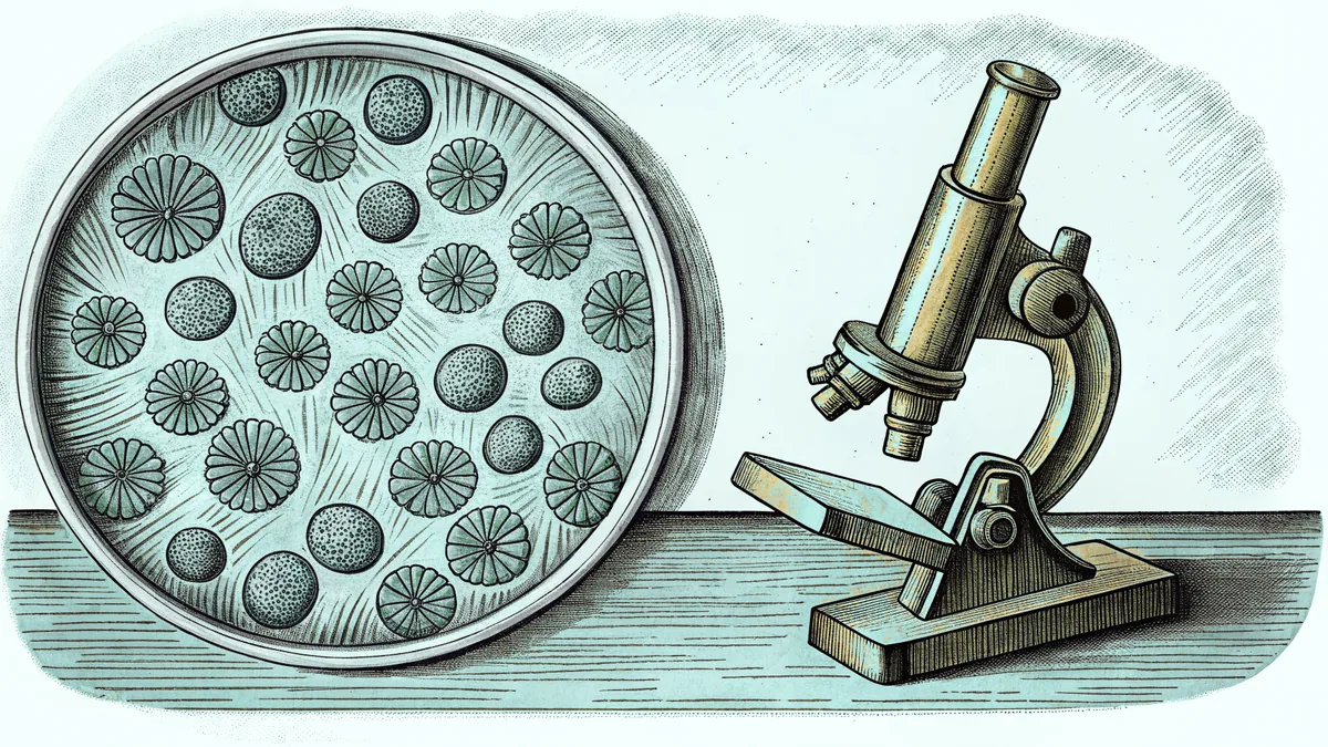 A petri dish and a covered glass slide sit on a laboratory bench beside a microscope.