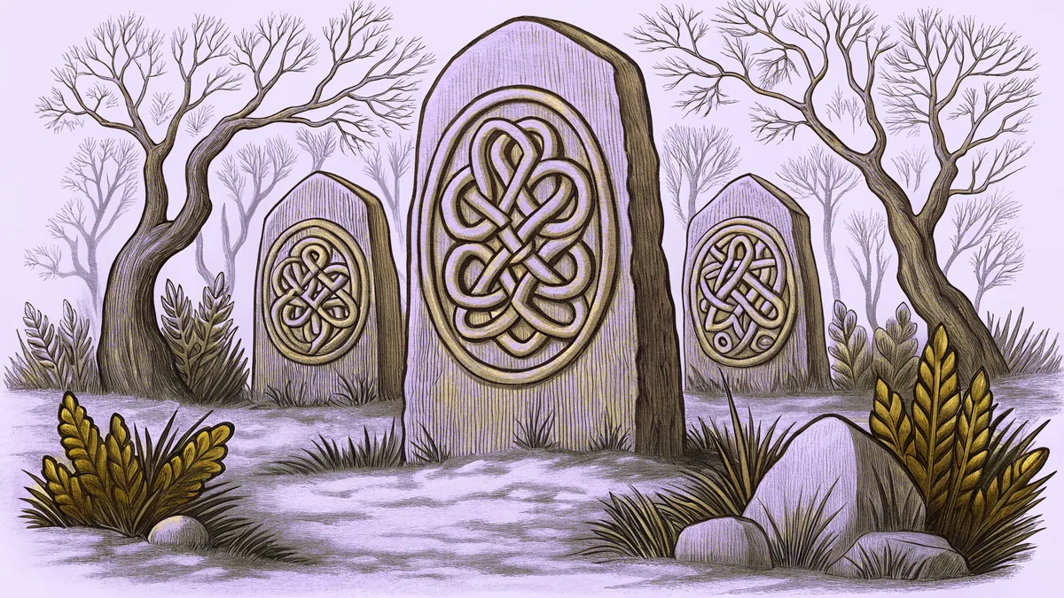 Ancient Celtic standing stones and intricate knot patterns evoke mystical cultural heritage.