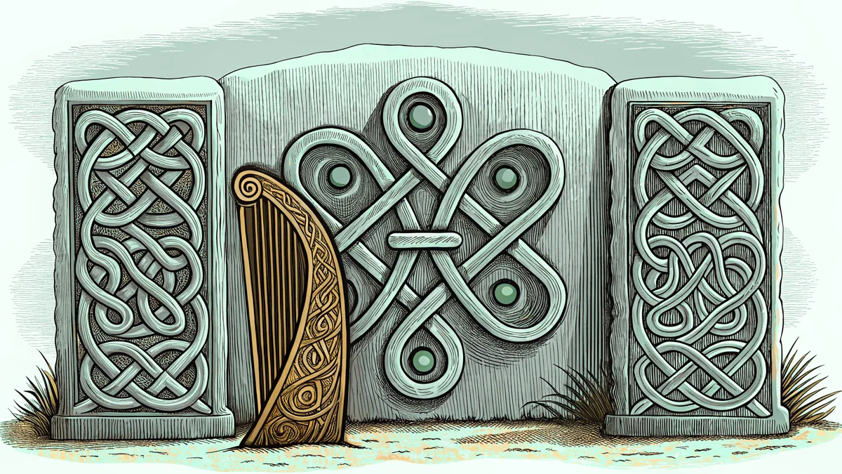 Celtic artistic designs with elaborate interlocking knots, spirals, carved stones, and decorative harp.