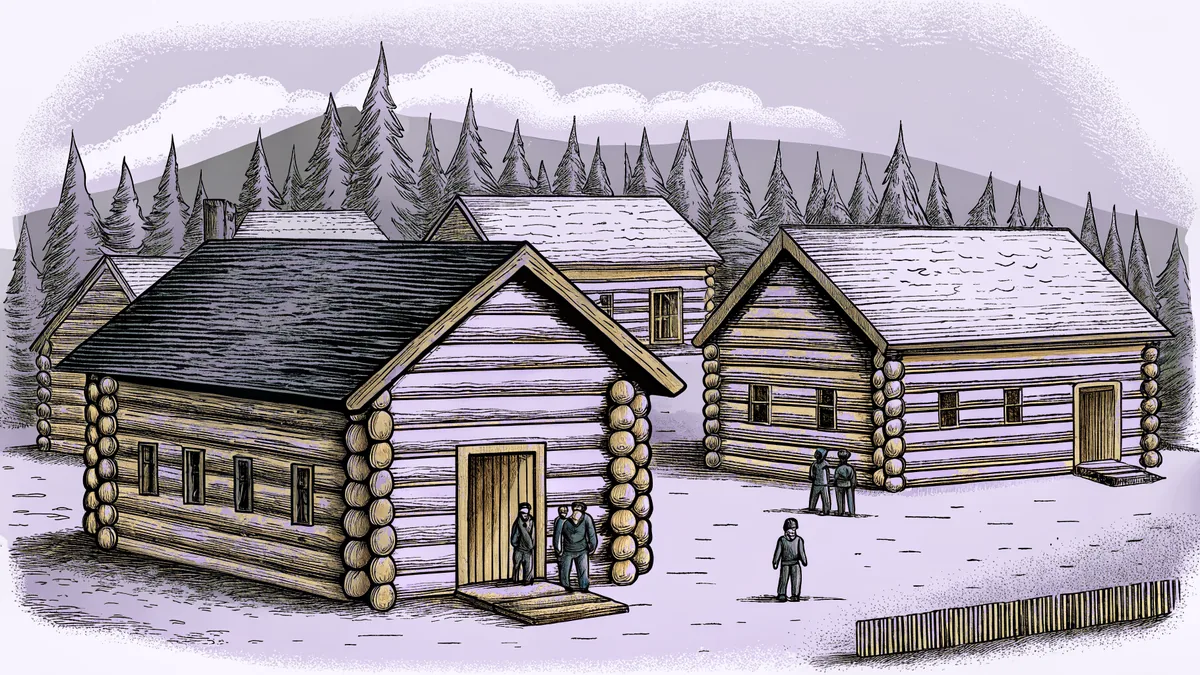 A frontier settlement shows log cabins scattered across rolling hills with citizens gathering in a town square.