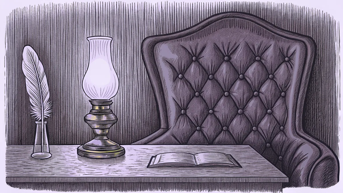 A quill and inkwell sit on a writing desk beside a glowing gas lamp and a wing-back chair.