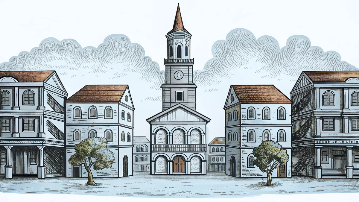 Historic colonial streets lined with jeweled boutiques and a brick church tower