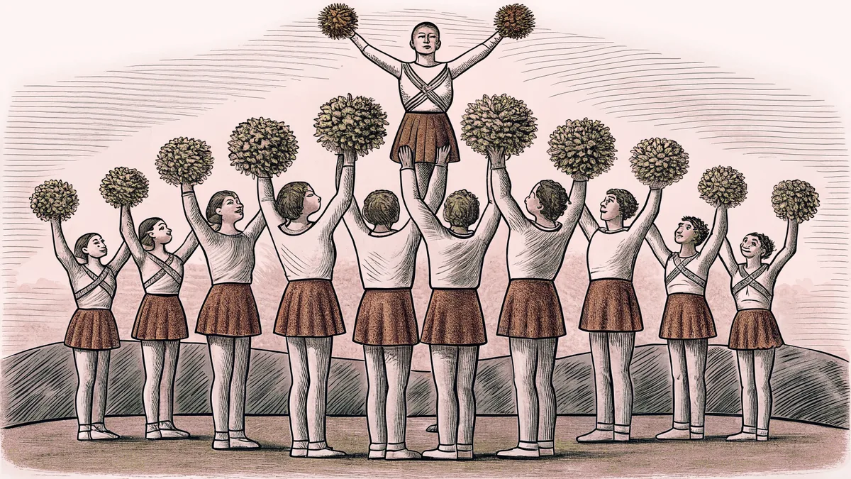 Cheerleaders in formation build a human pyramid with pompoms held high.