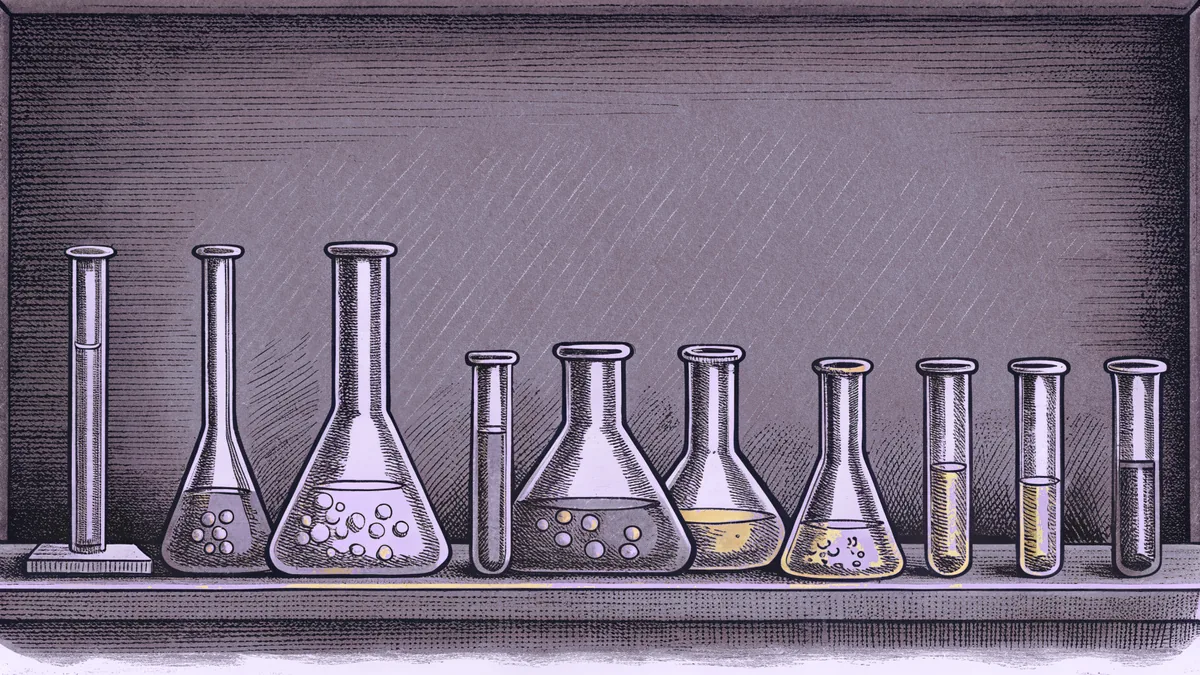 A chemistry laboratory with bubbling flasks and test tubes in progress.