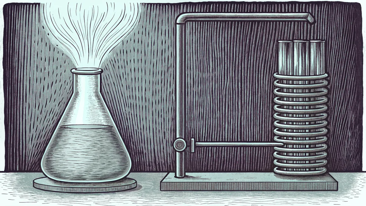 A glass beaker of fizzing liquid sits beside a lit burner flame and a coiled glass condenser.