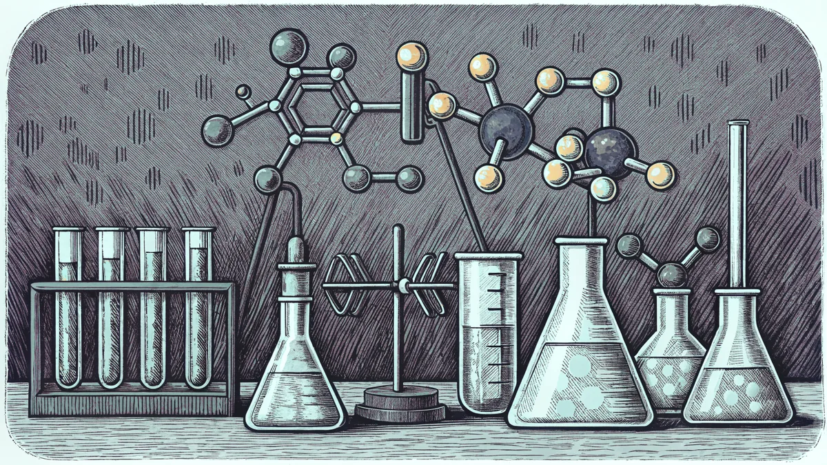 Laboratory displaying beakers of solutions and molecular models made of colored balls.