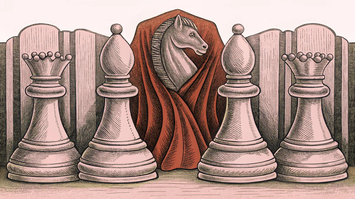 A carved knight chess piece draped with cloth, flanked by bishops and queens.