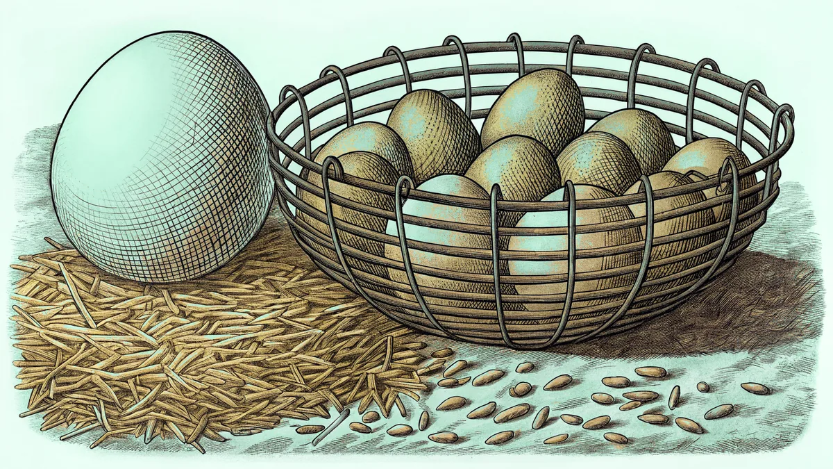 A wire basket holding eggs on straw, with scattered grain and one loose egg in front.
