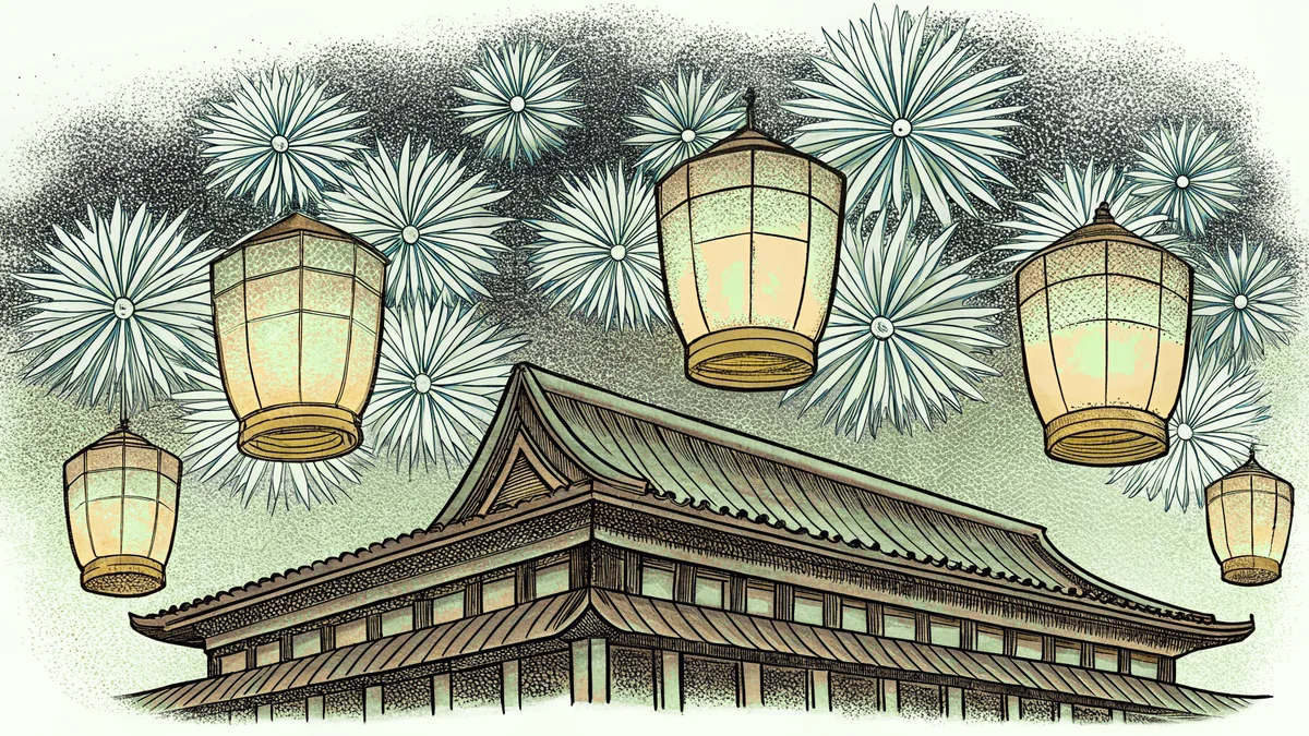 Illuminated Chinese lanterns with colorful fireworks exploding overhead