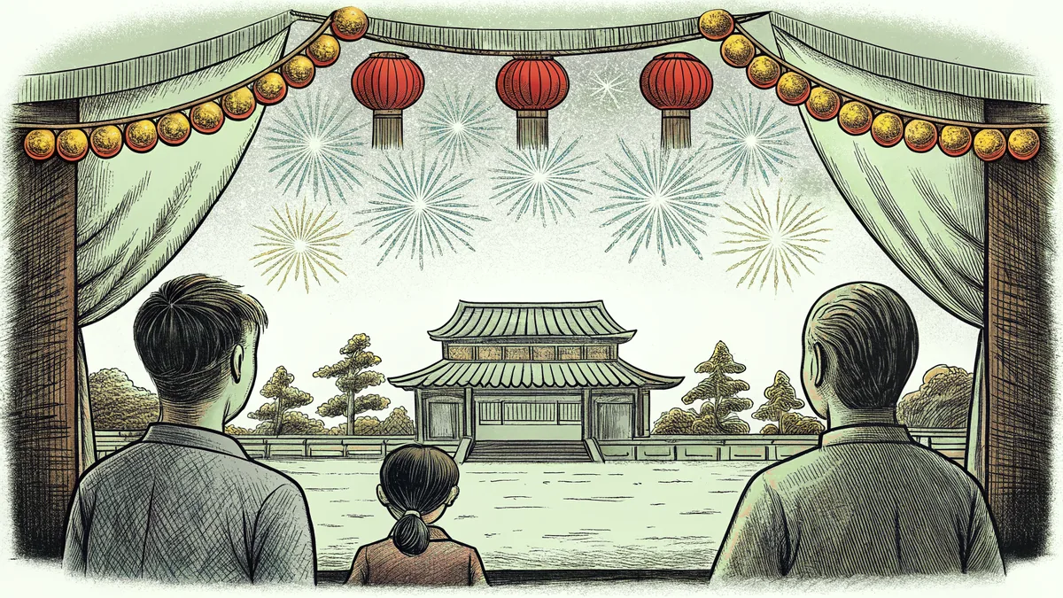 Red lanterns and exploding fireworks illuminate a street where a dragon-dance procession moves through crowds.