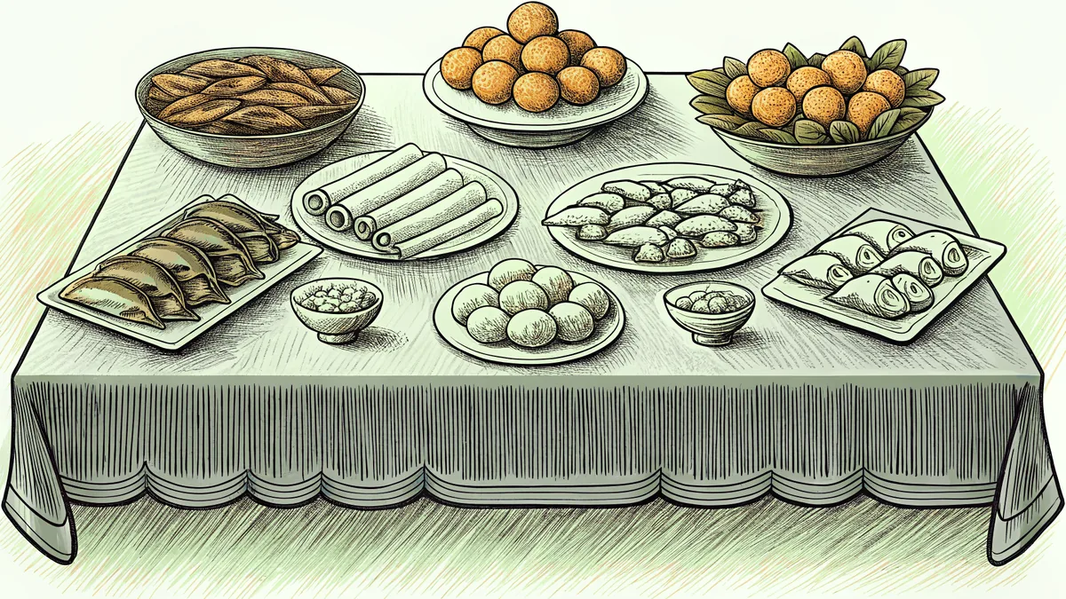 Traditional Chinese New Year delicacies and symbolic lucky foods arranged on a festive table.