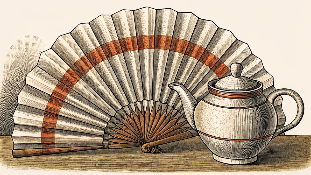 A porcelain teapot beside a fully opened folding paper fan on lacquered wood.