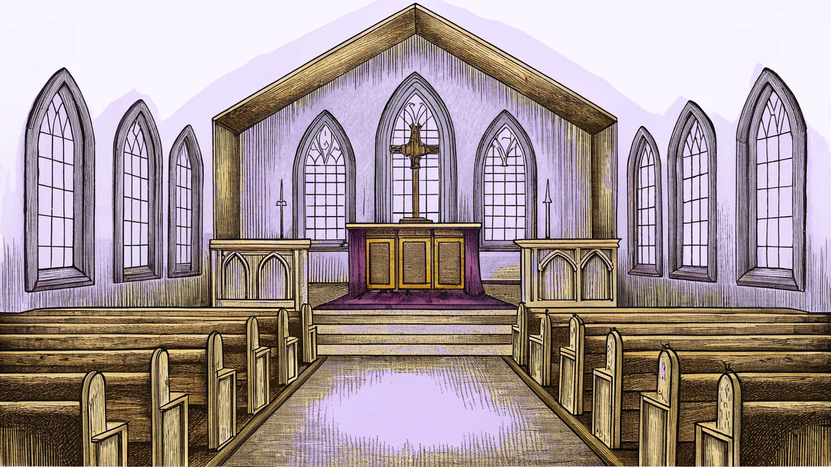 Streaming through tall windows, light illuminates wooden pews in a chapel