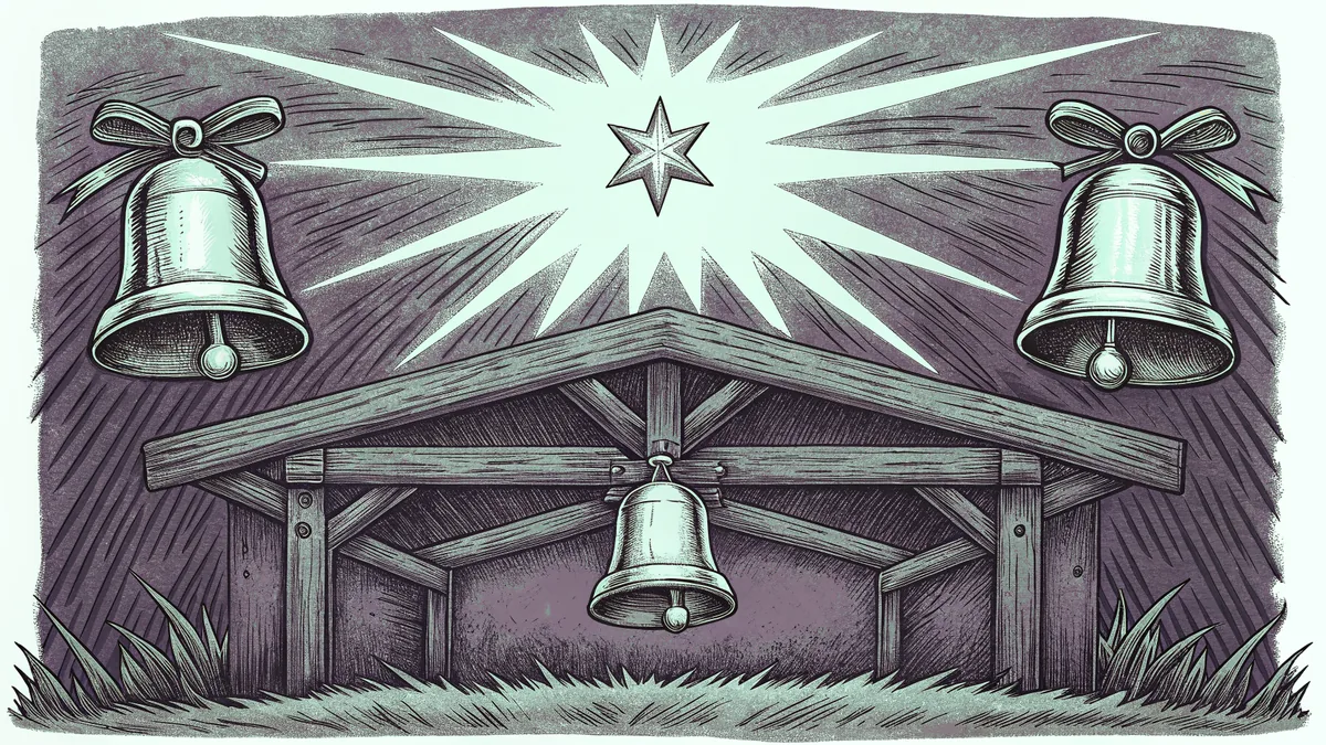 Displaying a manger with bells ringing, a nativity scene celebrates joyfully