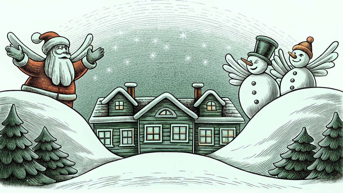 Santa and his magical companions gathered in a snowy Christmas scene with decorations.