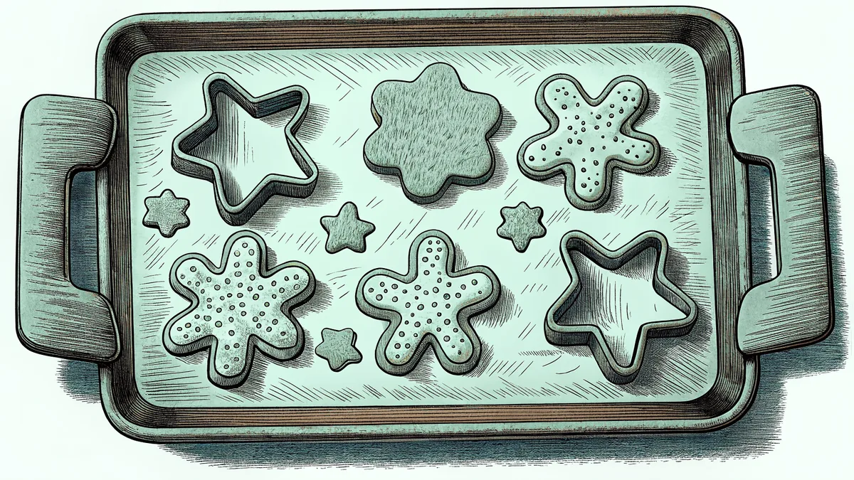 On a baking tray sit cookie dough with cutters and sugar sprinkles
