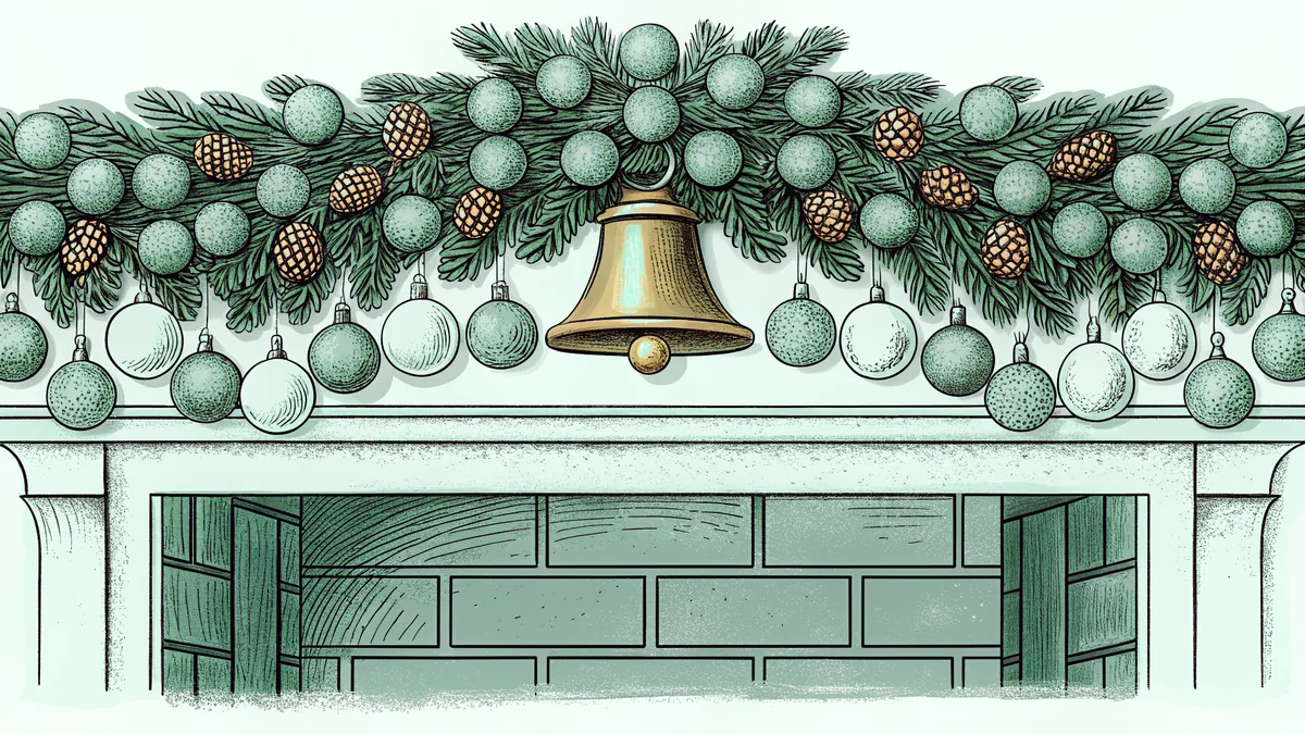 Glass baubles, a brass bell and pine garland strung above a hearth.