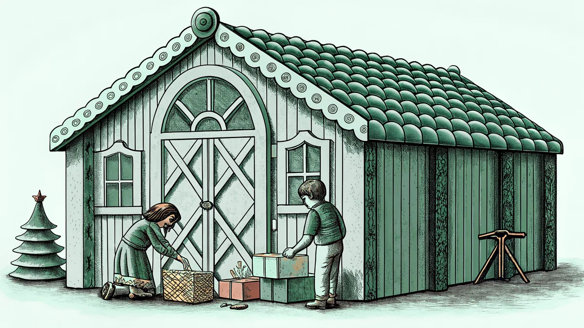 Mischievous elves crafting toys in magical workshop amid bells and colorful wrappings