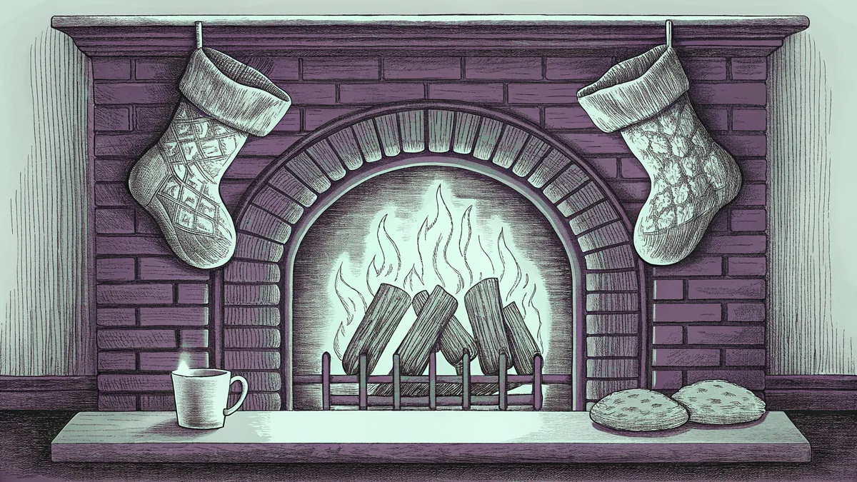 Fireplace aglow with cookies and milk, stockings hanging above filled with treats