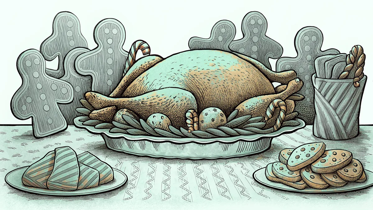 A roasted turkey surrounded by Christmas treats and holiday decorations.